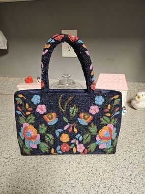 Hand-Beaded Floral  Bag in Navy